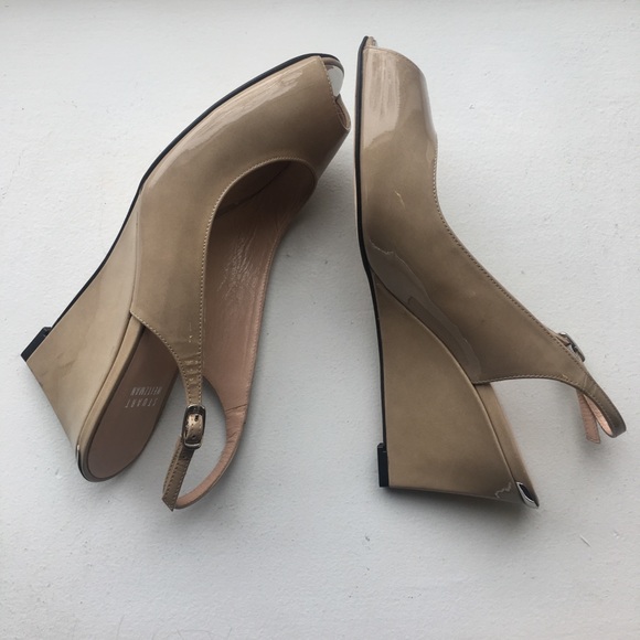 Stuart Weitzman // Nude Peep Toe Slingback Wedges - Picture 5 of 8
